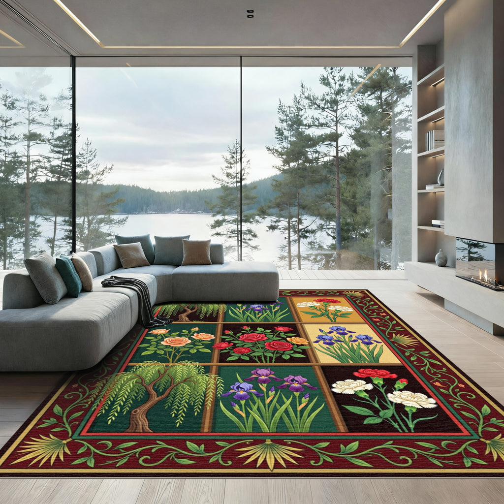 Botanical Garden Willow and Iris Grid Rug