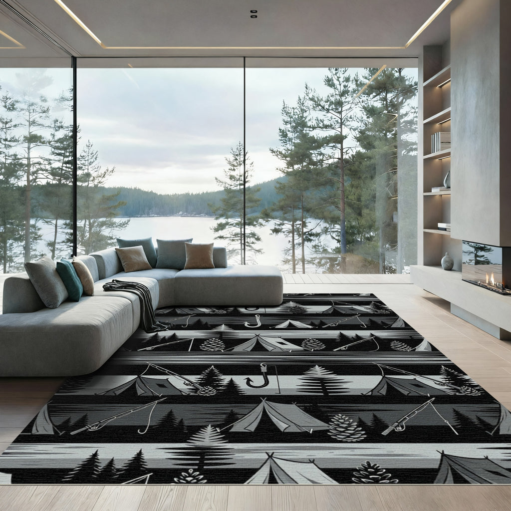 Black Gray Camping Fishing Forest Scene Rug