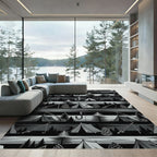 Black Gray Camping Fishing Forest Scene Rug