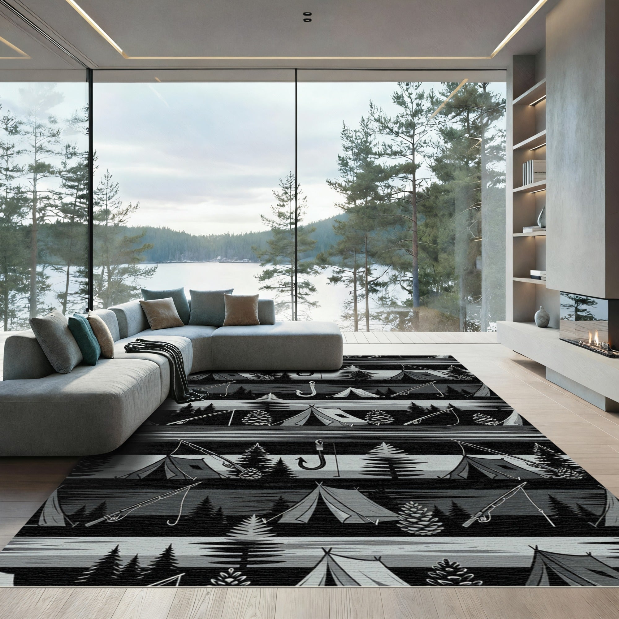 Black Gray Camping Fishing Forest Scene Rug