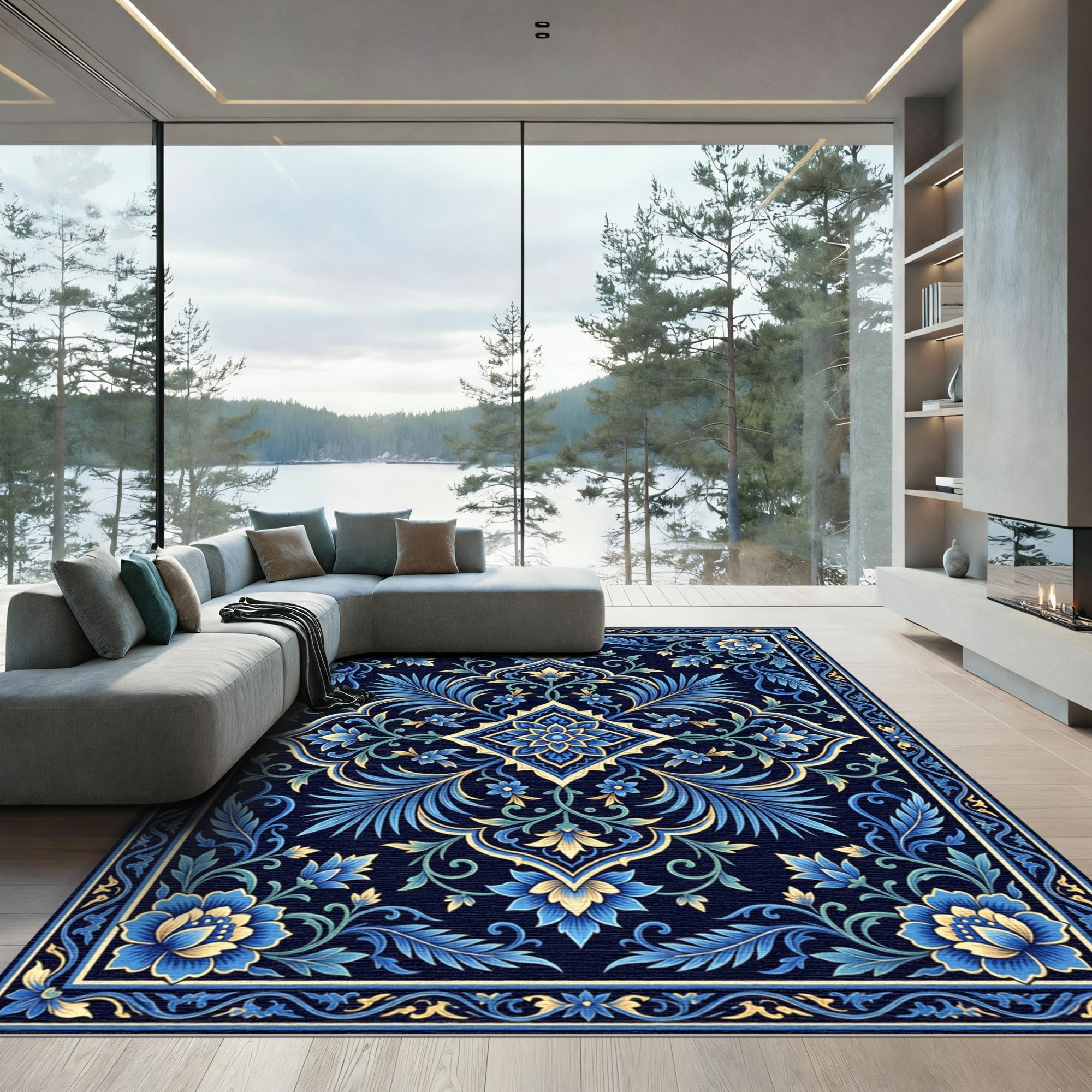Royal Blue Floral Medallion Rug