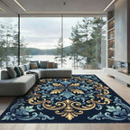 Ornate Golden Blue Acanthus Damask Rug