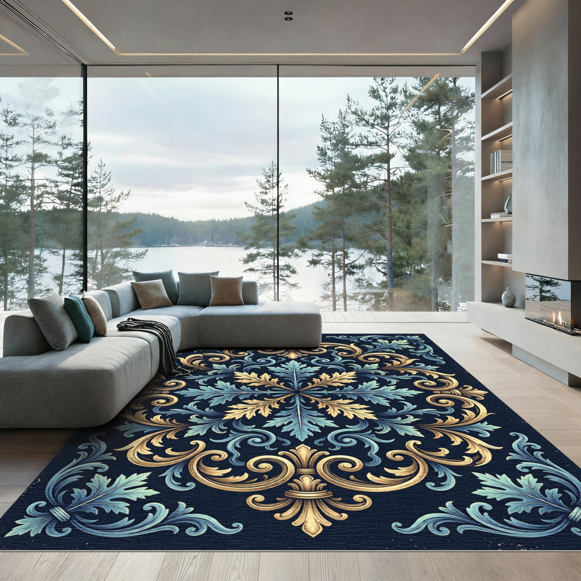 Ornate Golden Blue Acanthus Damask Rug