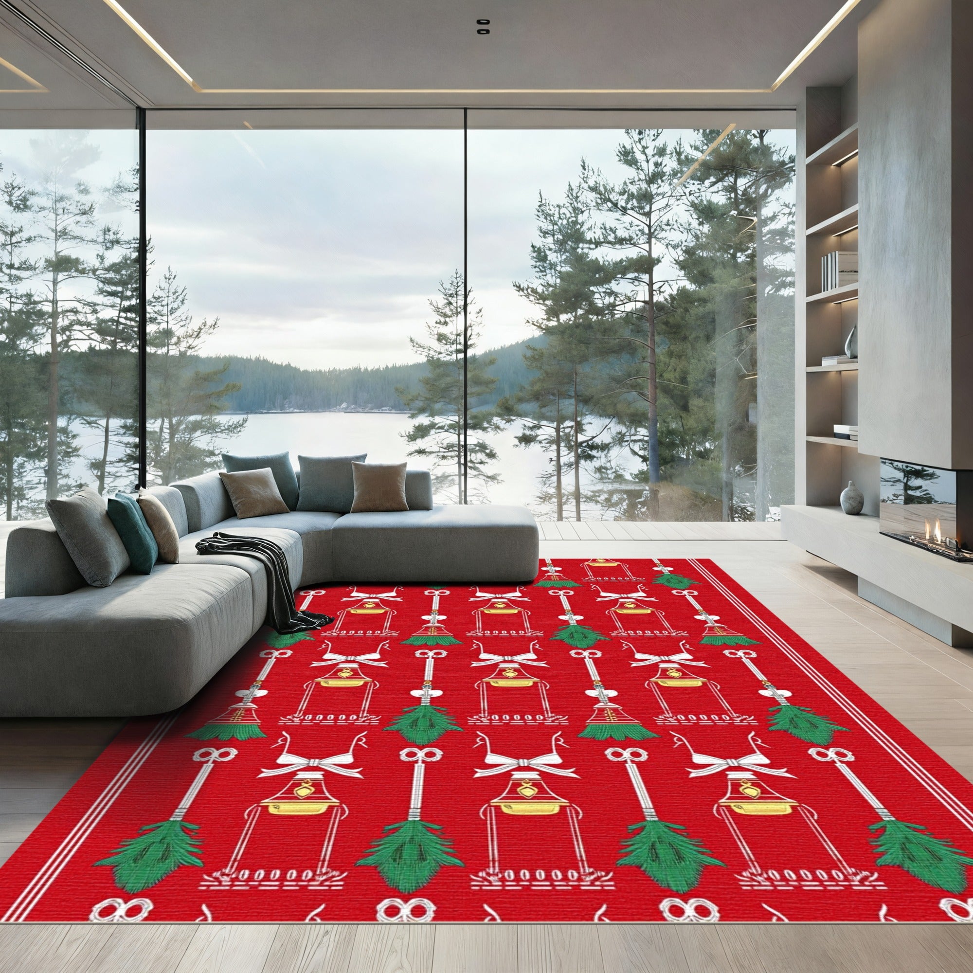 Crimson Green Tassel Bell Collage Rug