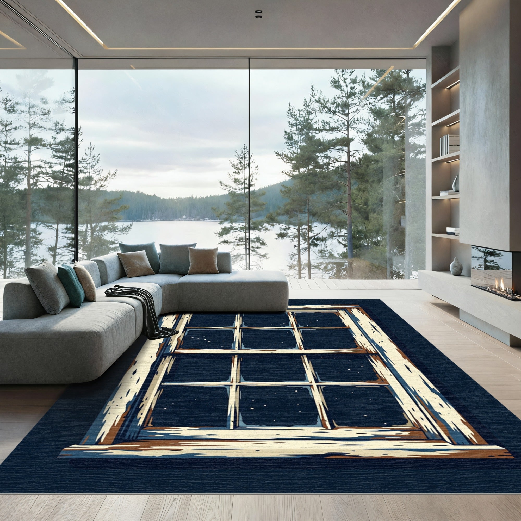 Rustic Weathered Pane Midnight Window Scene Rug