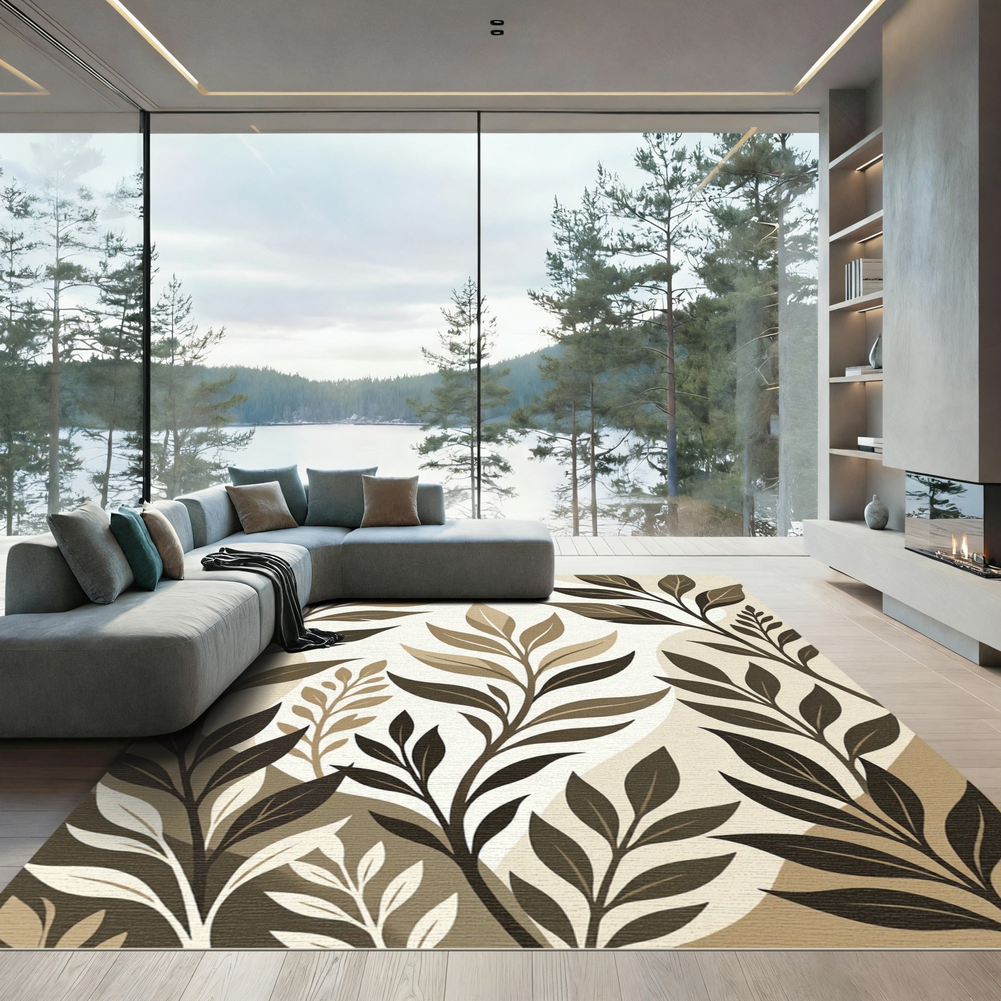 Neutral Earthy Leaf Branches Rug