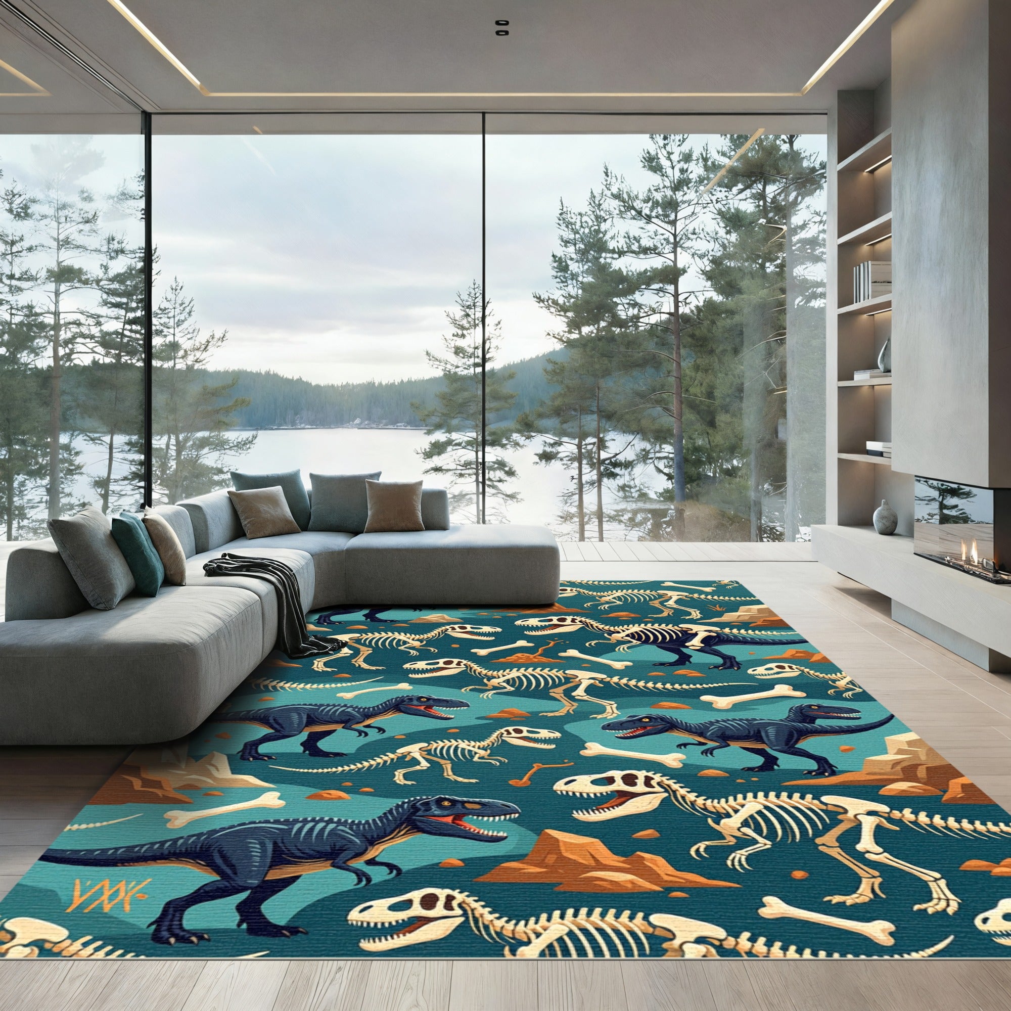 Dino Fossil Teal Earthy Bone Illustration Rug