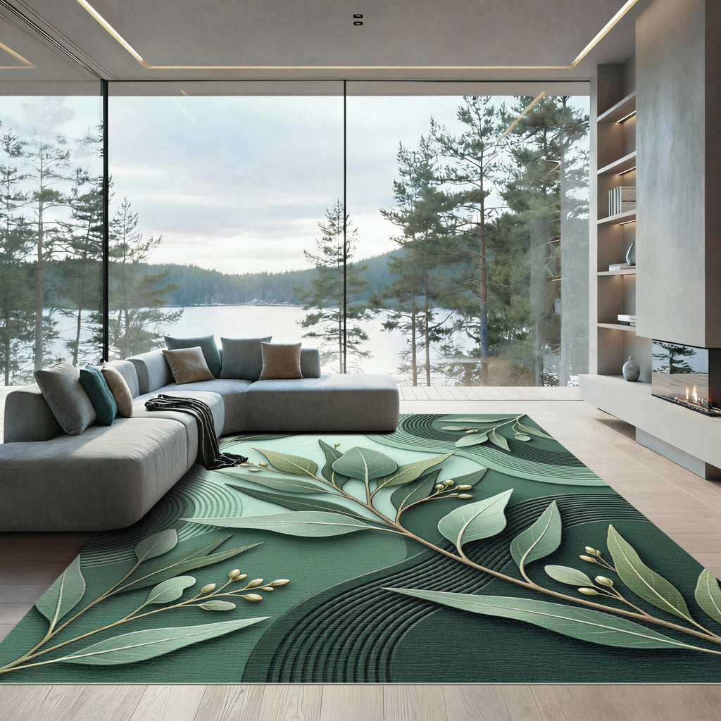 Serene Green Eucalyptus Branch Waves Rug