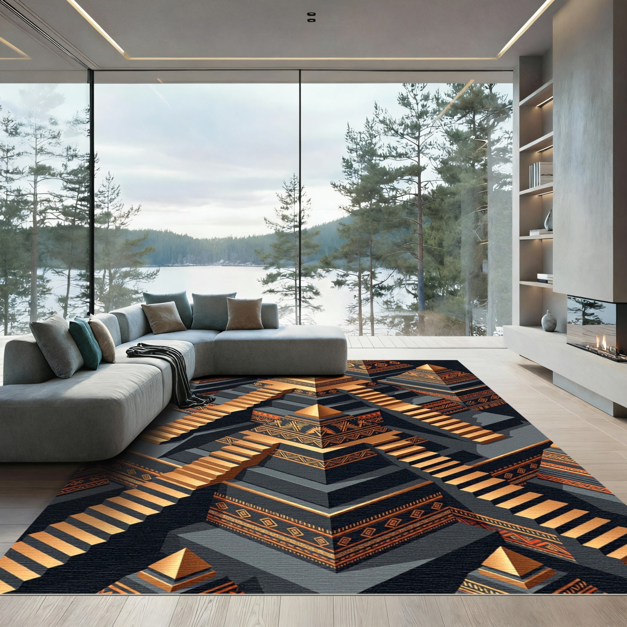 Modern Gold Tribal Step Pyramid Rug