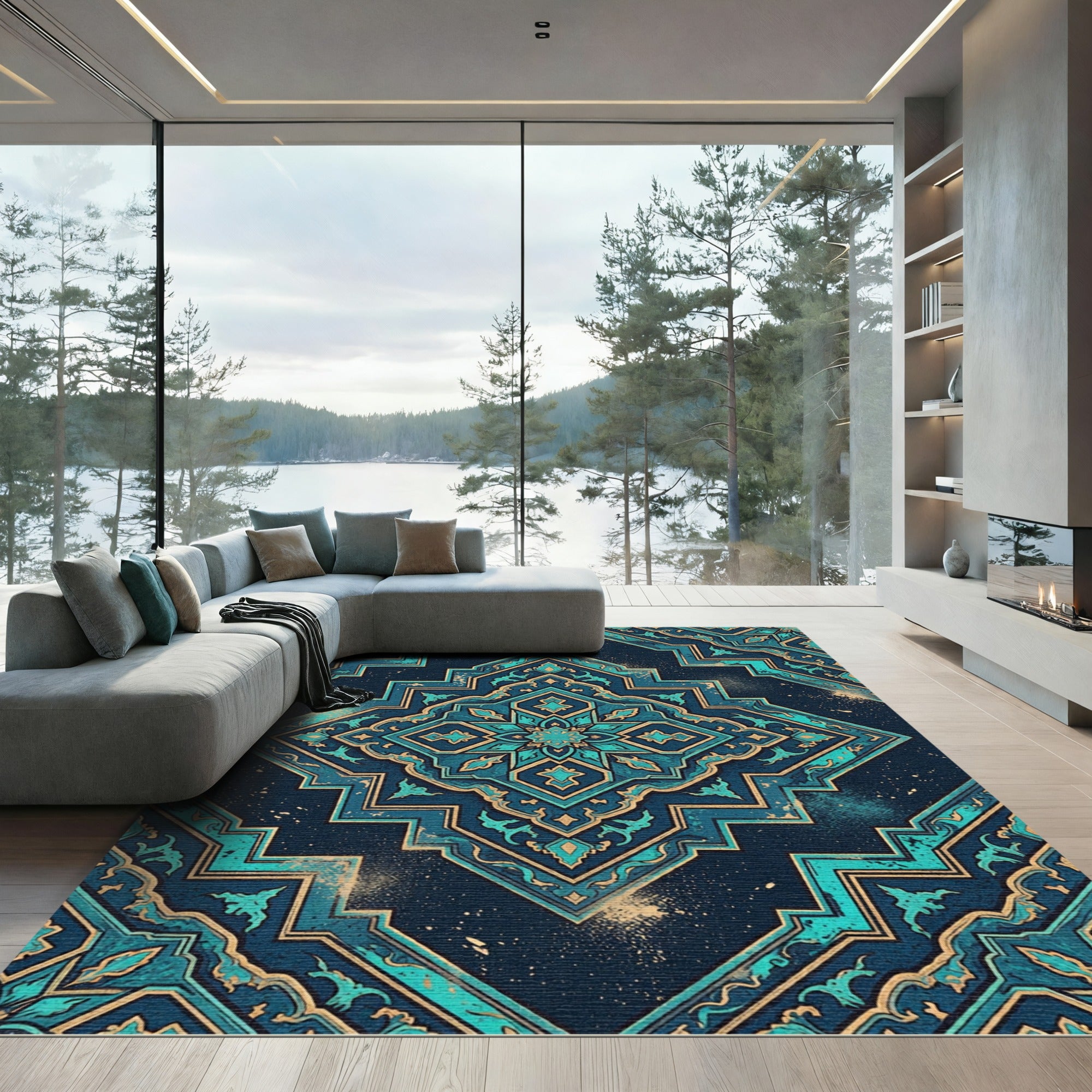 Teal Gold Geometric Star Medallion Rug