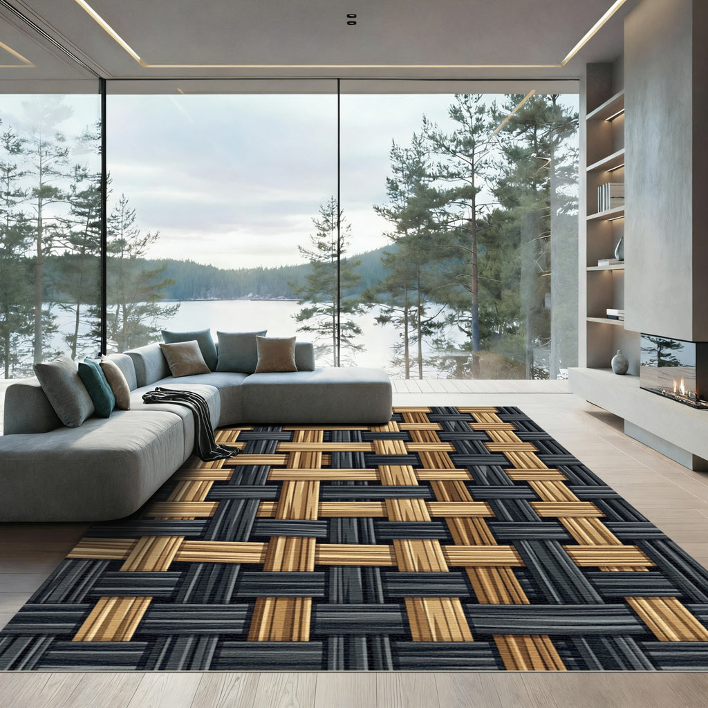 Woven Gold Black Intersecting Threads Rug
