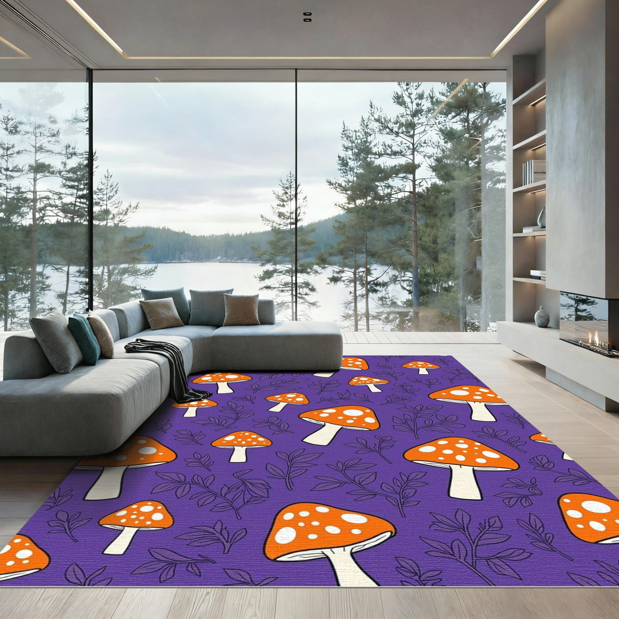 Orange Mushroom Foliage On Purple Rug