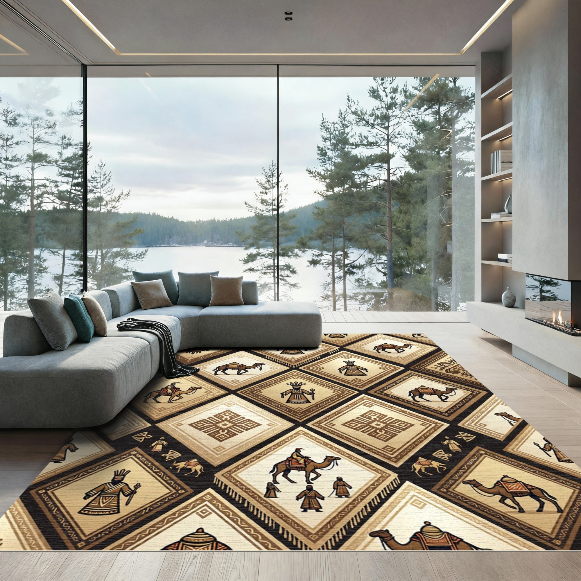 Golden Desert Nomad Geometric Diamond Tile Rug