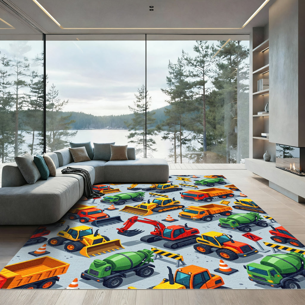 Isometric Construction Vehicle Building Site Rug