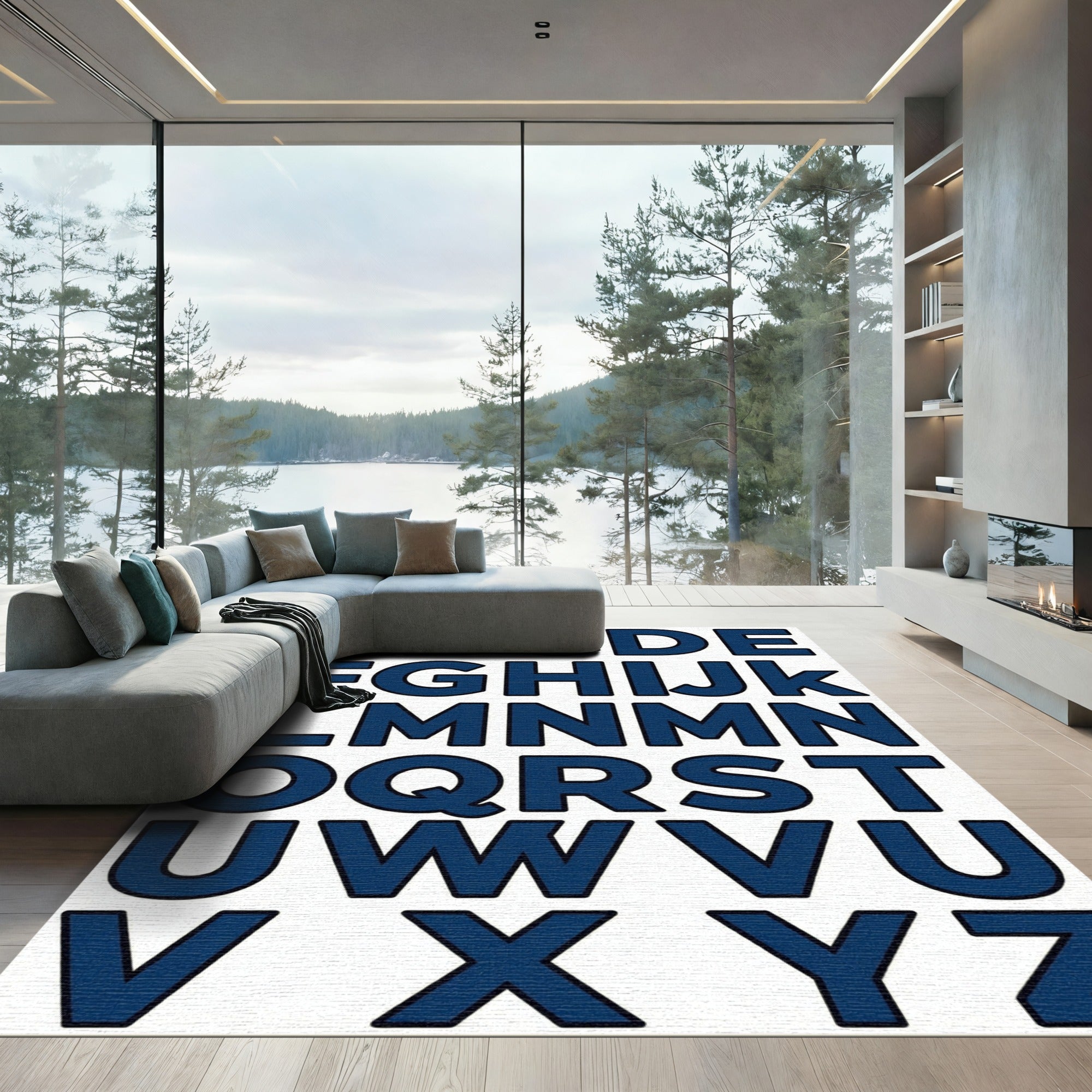 Bold Navy Blue Alphabet Typography Rug