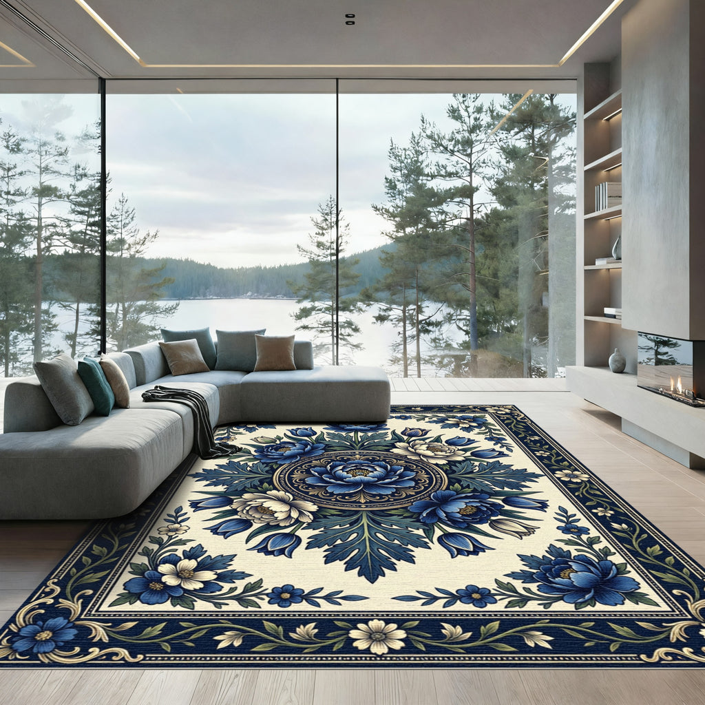 Elegant Navy Floral Medallion Garden Rug