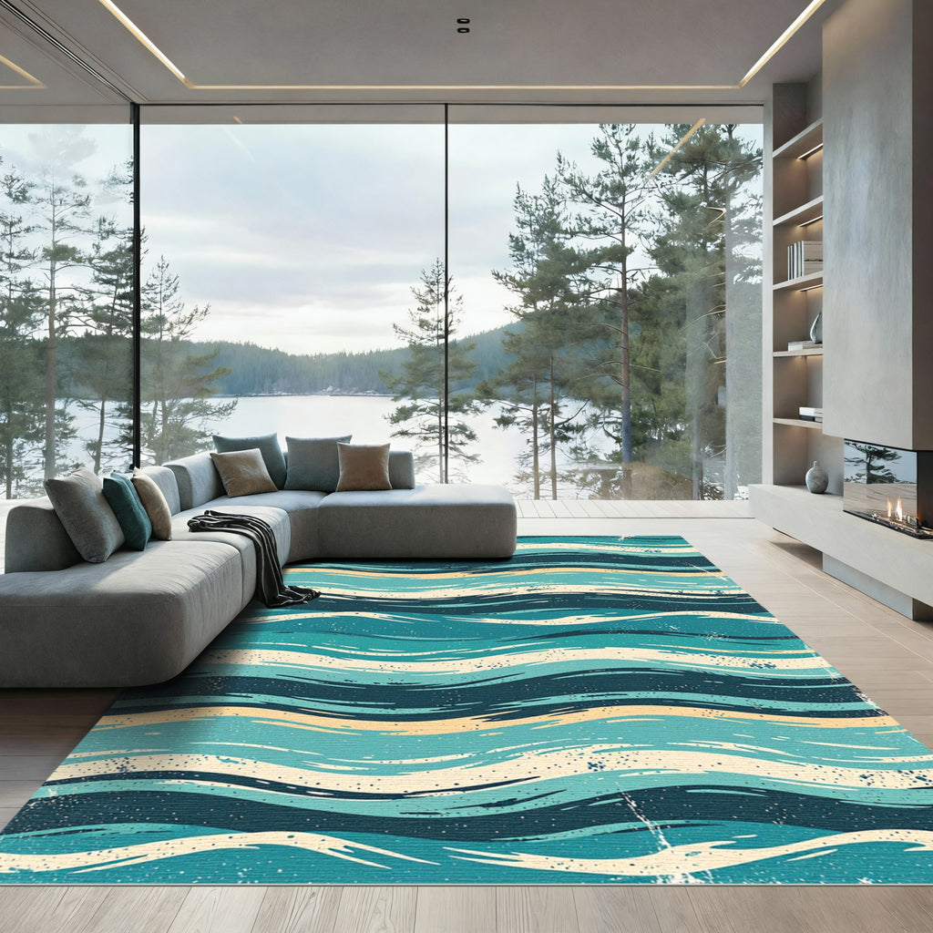Abstract Teal Waves Retro Ocean Tide Rug