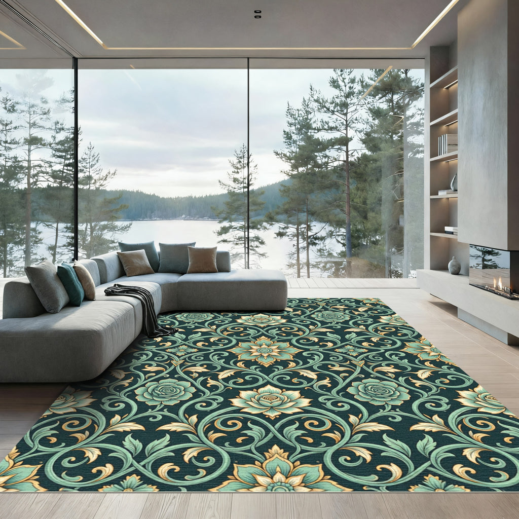 Teal Floral Scrollwork Background Rug