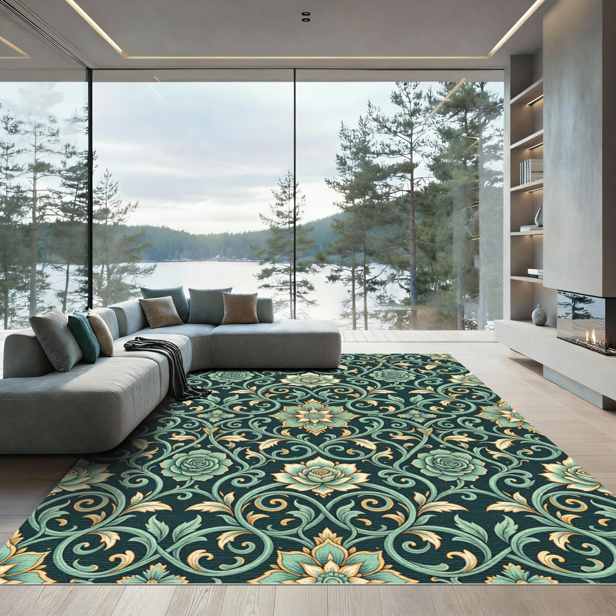 Teal Floral Scrollwork Background Rug