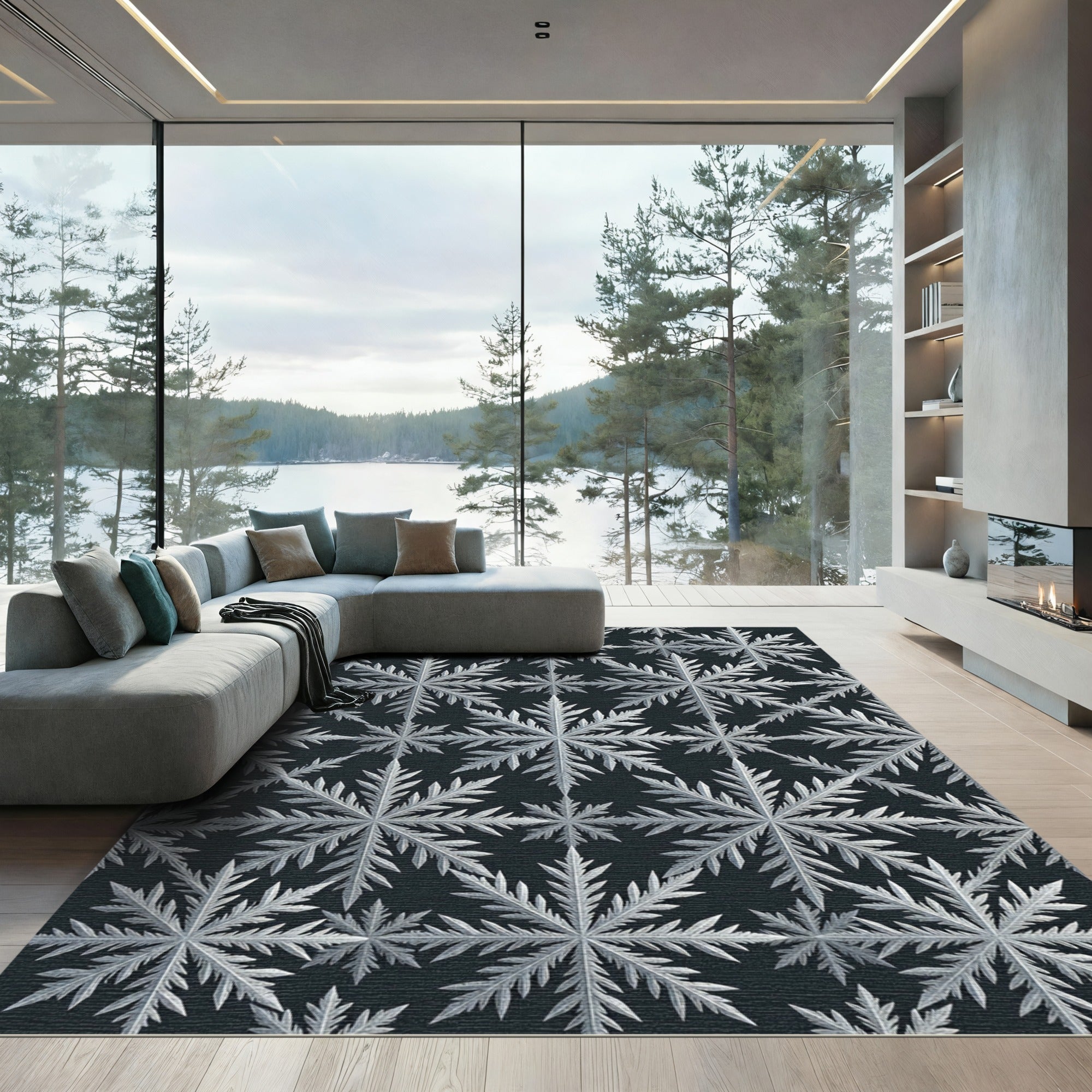Minimalist White Winter Snowflake Geometric Rug