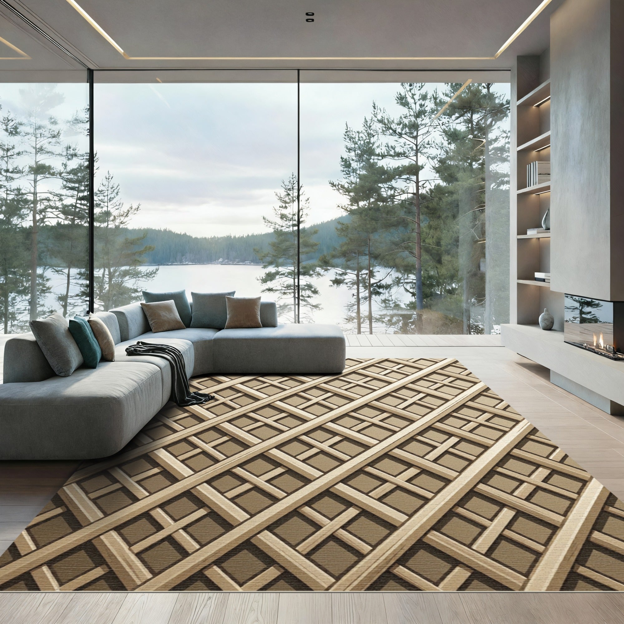 Elegant Champagne Gold Intersecting Lattice Rug