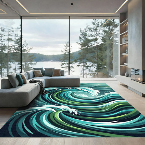 Abstract Deep Teal Swirling Ocean Wave Rug