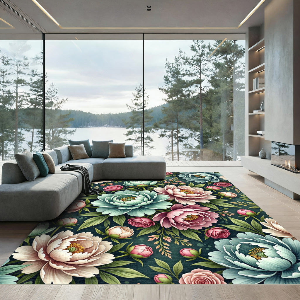 Lush Pink Teal Peony Garden Rug