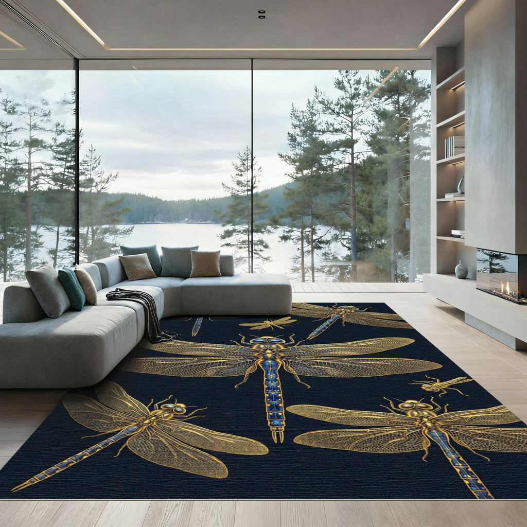 Golden Dragonfly Insects on Navy Background Rug