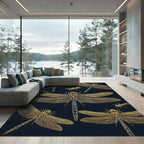 Golden Dragonfly Insects on Navy Background Rug