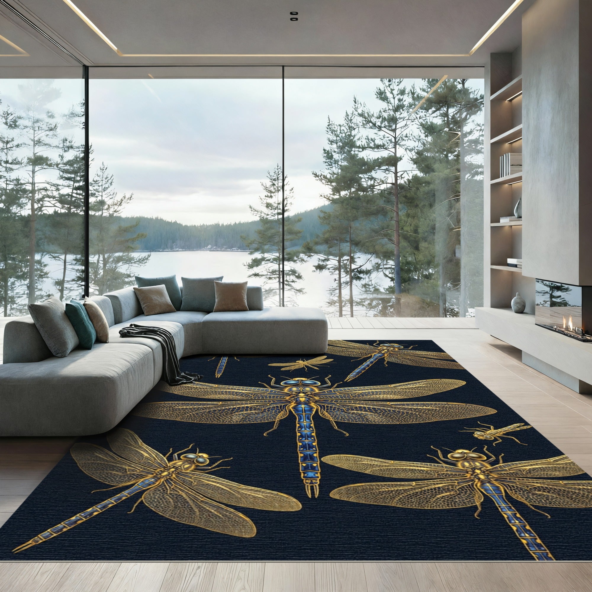 Golden Dragonfly Insects on Navy Background Rug