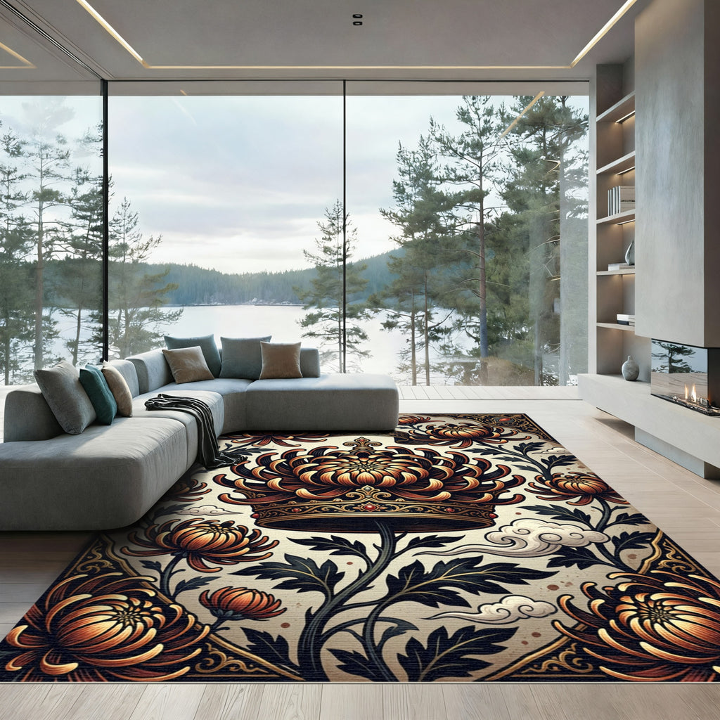 Golden Chrysanthemum Crown Floral Art Rug