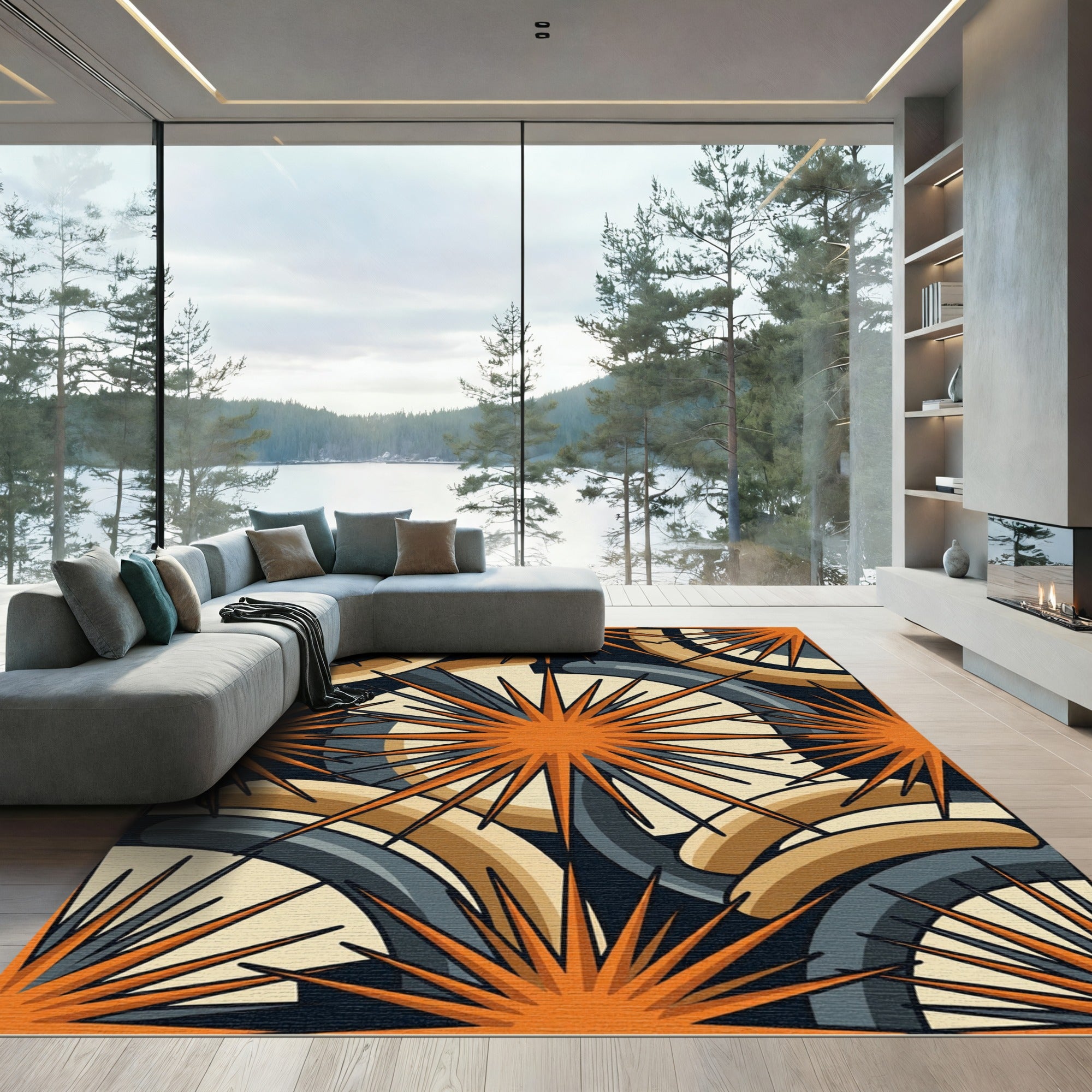 Mid Century Modern Geometric Orange Starburst Rug