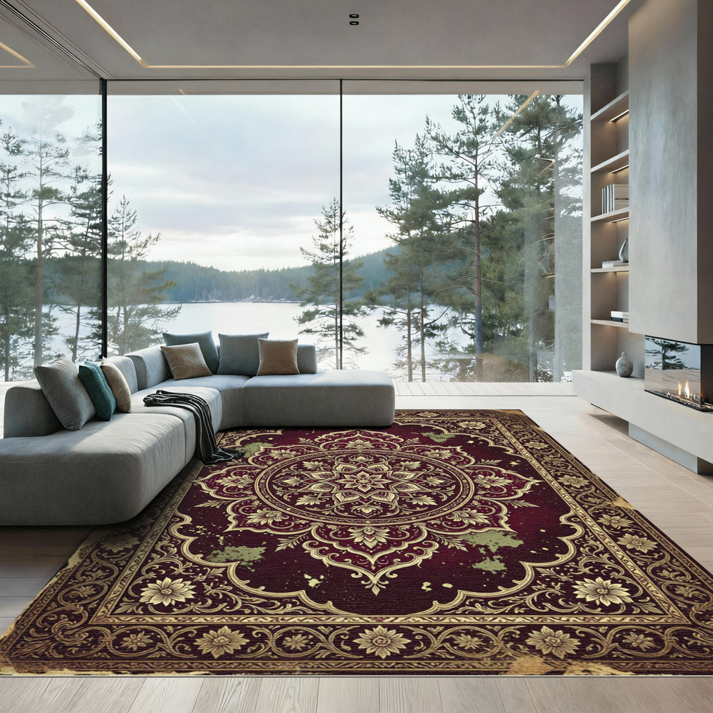 Crimson Gold Intricate Floral Medallion Rug