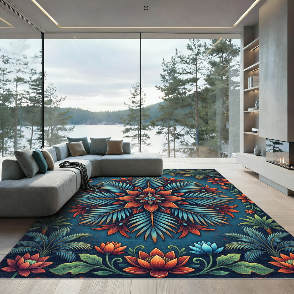 Vibrant Tropical Floral Medallion Art Rug