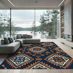 Navy Orange Geometric Boho Diamond Rug