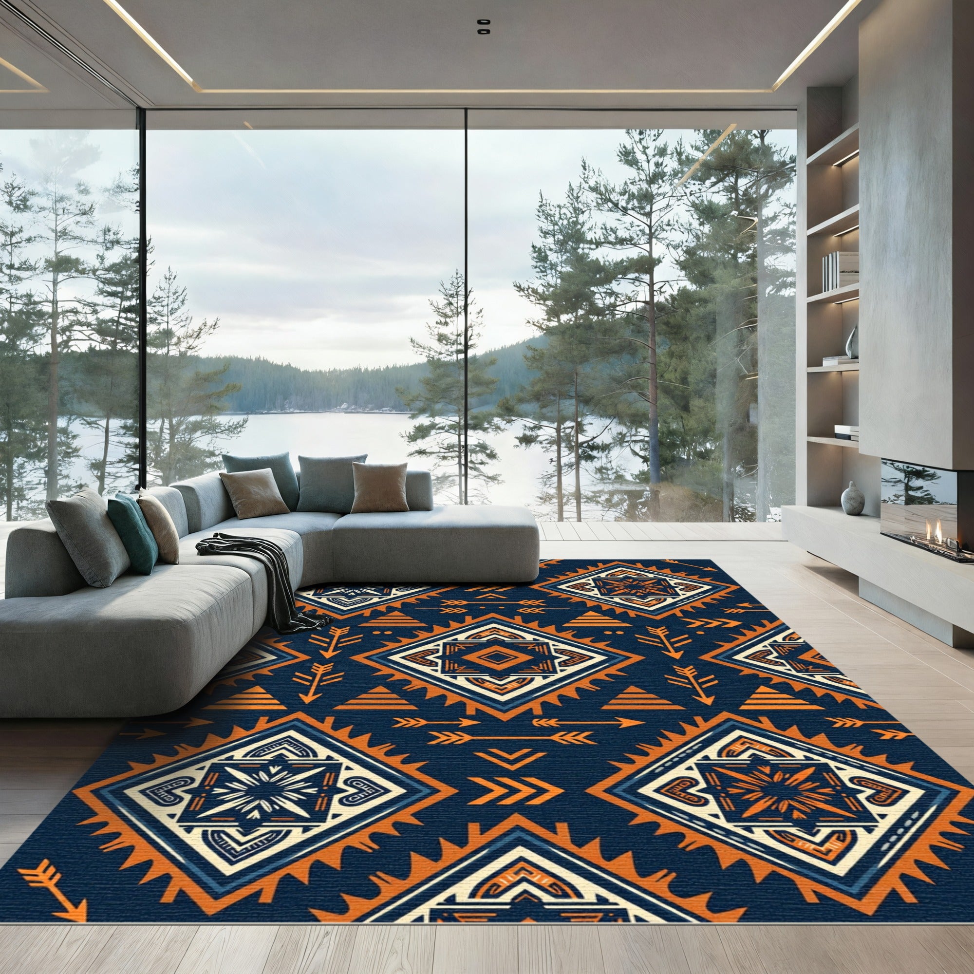 Navy Orange Geometric Boho Diamond Rug