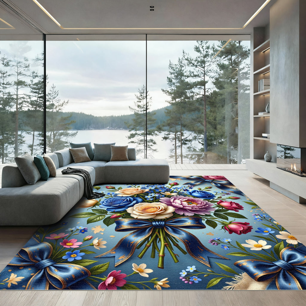 Luxury Blue Floral Bouquet Ribbon Rug