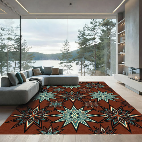 Abstract Starburst Teal and Red Harmony Rug