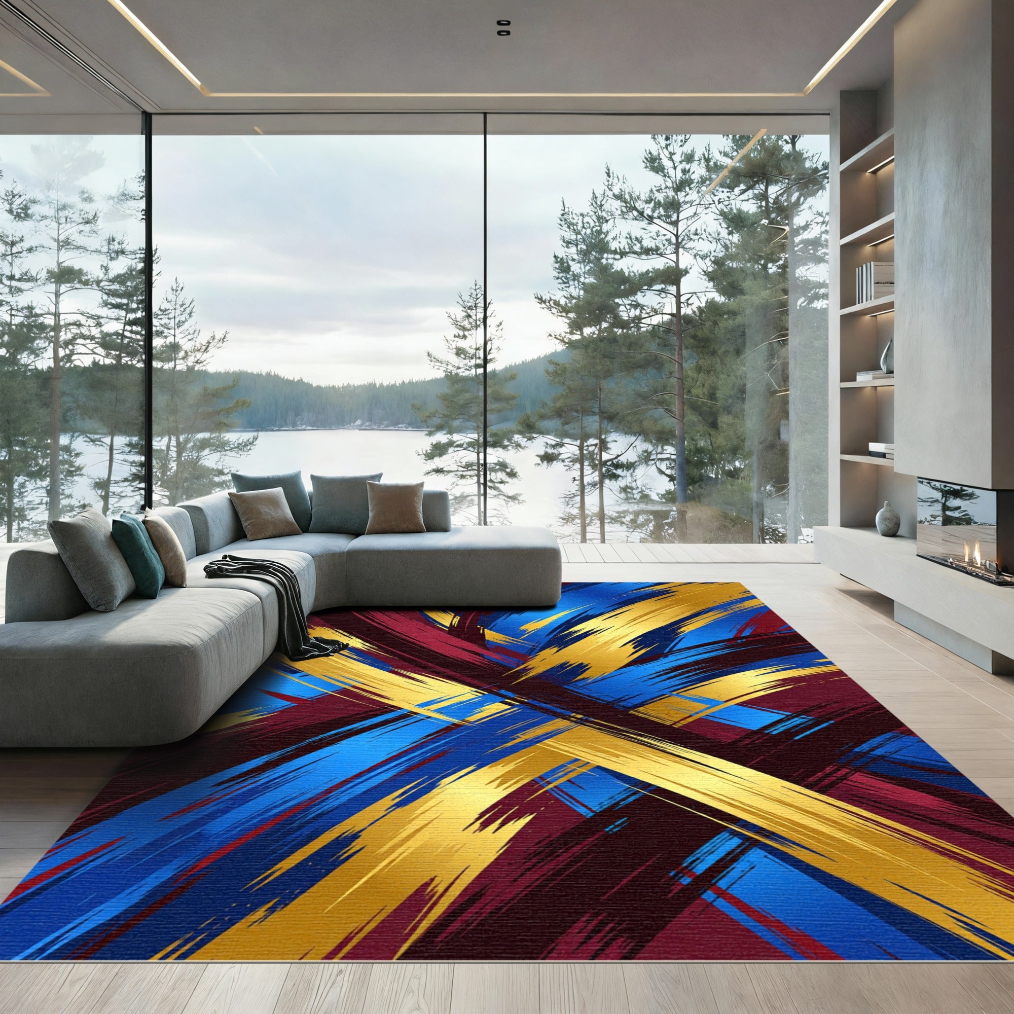 Bold Blue Gold Crimson Swirls Rug