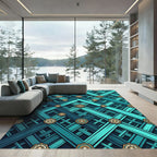 Teal Geometric Lattice with Golden Rosettes Rug