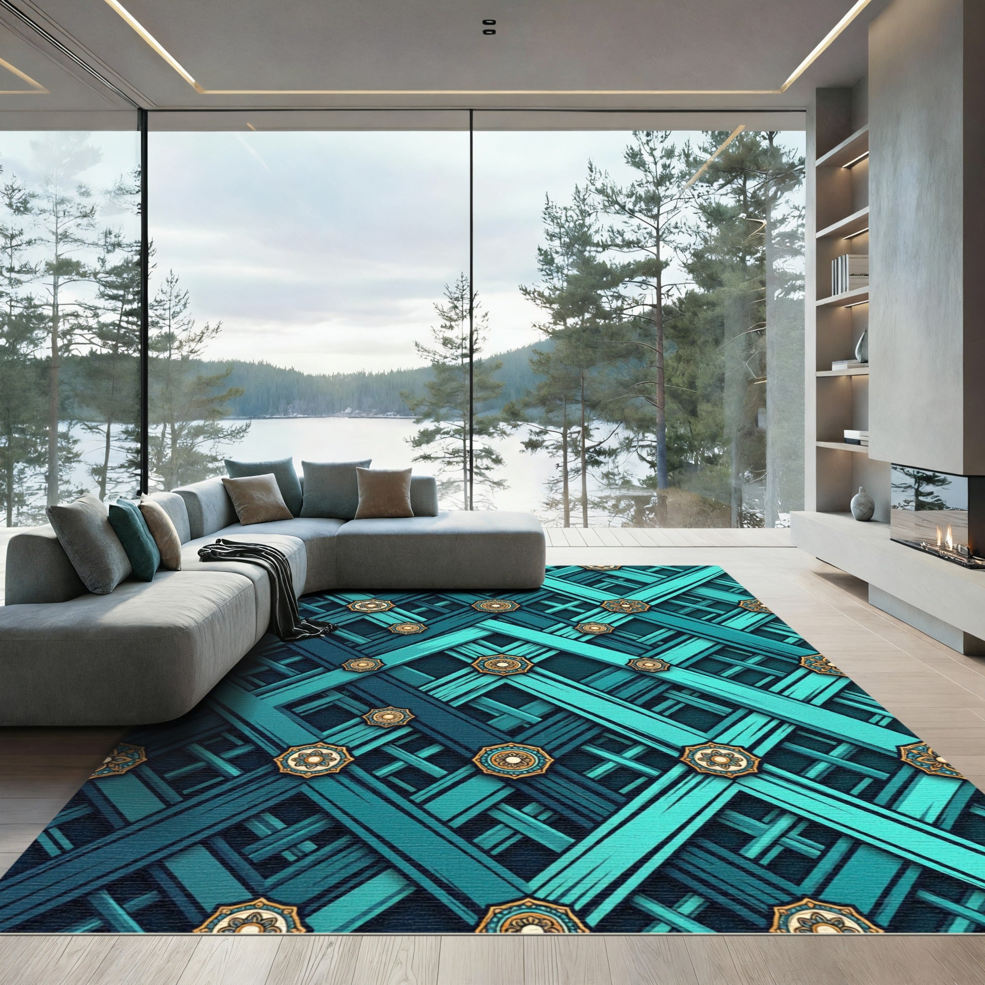 Teal Geometric Lattice with Golden Rosettes Rug