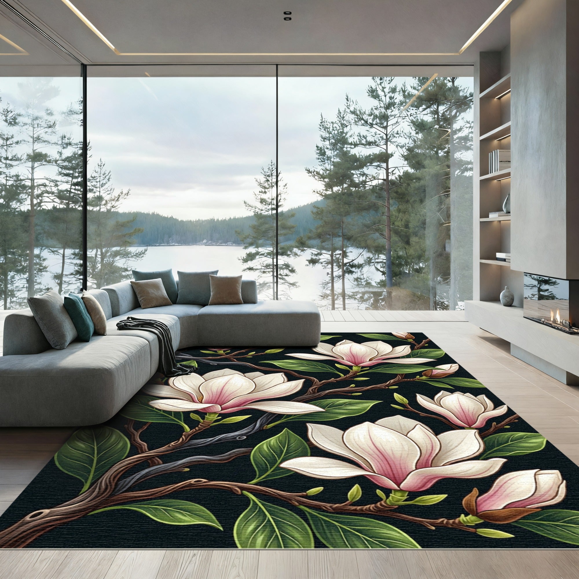 Elegant Magnolia Blooms on Black Background Rug