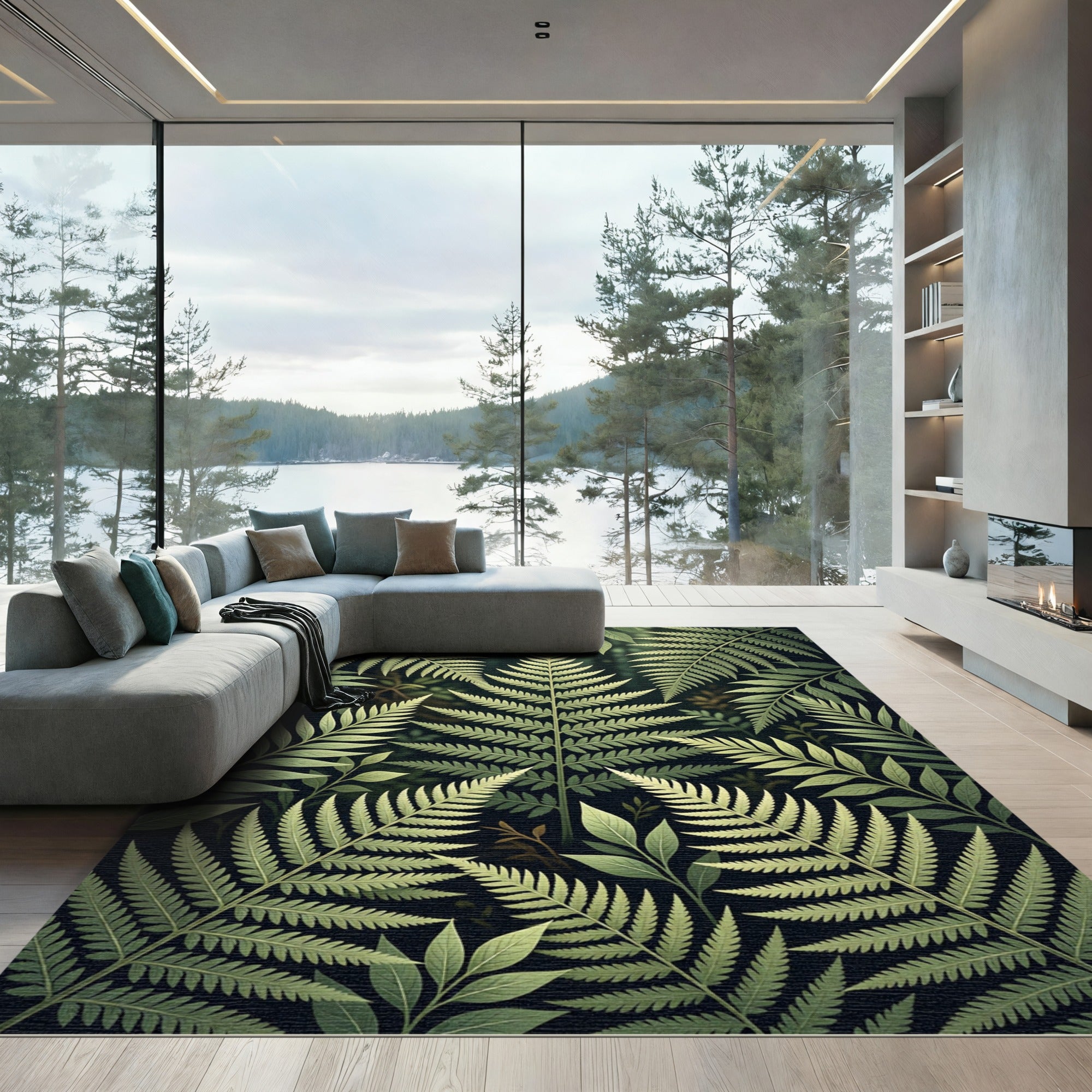 Emerald Green Fern Forest Pattern Rug