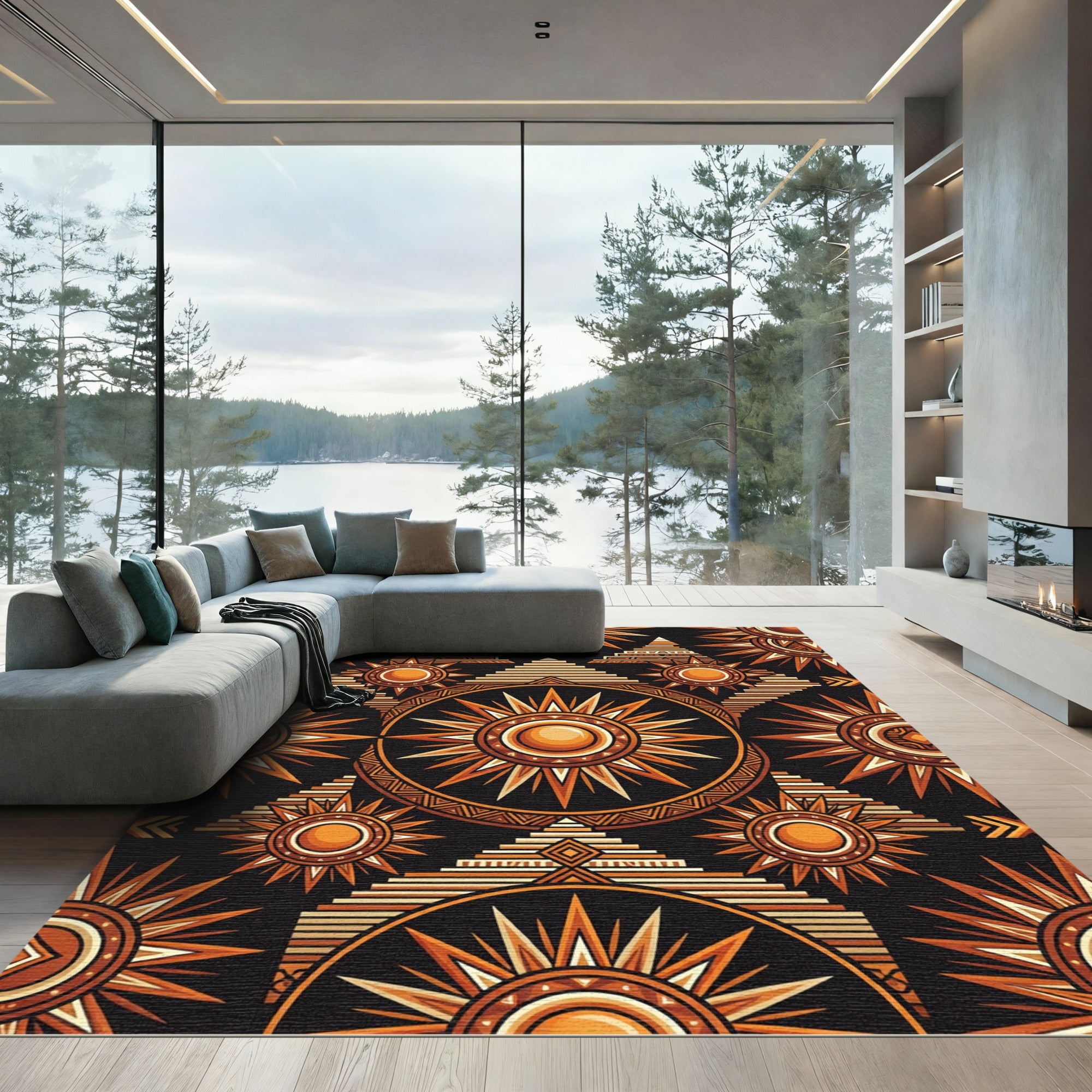 Golden Celestial Pyramid Sun Geometric Area Rug