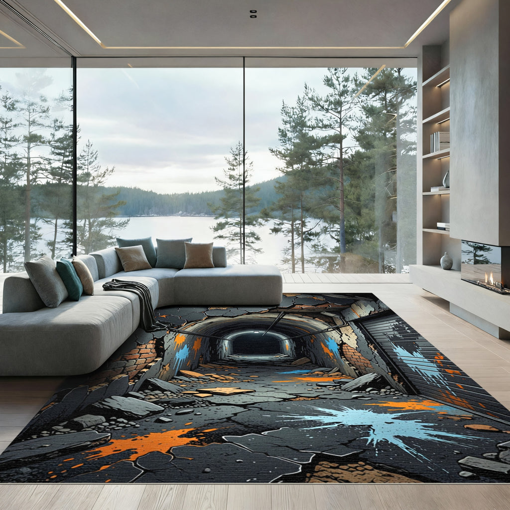 Gritty Tunnel Orange Blue Splatter Rug
