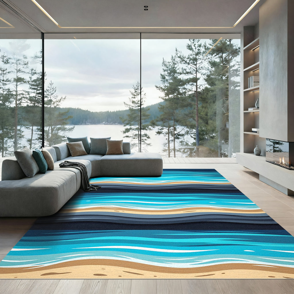 Coastal Blue Sand Layered Wave Rug