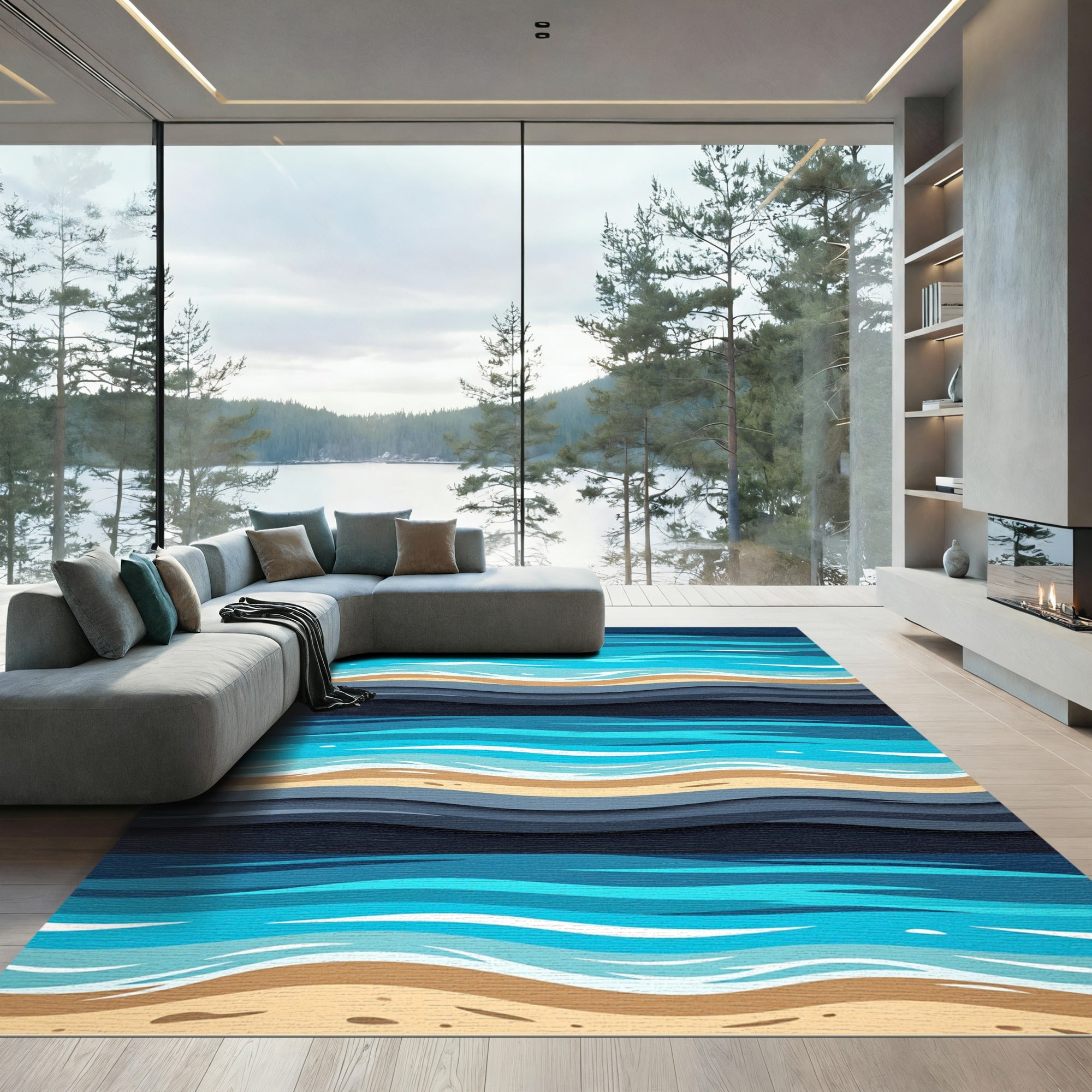 Coastal Blue Sand Layered Wave Rug
