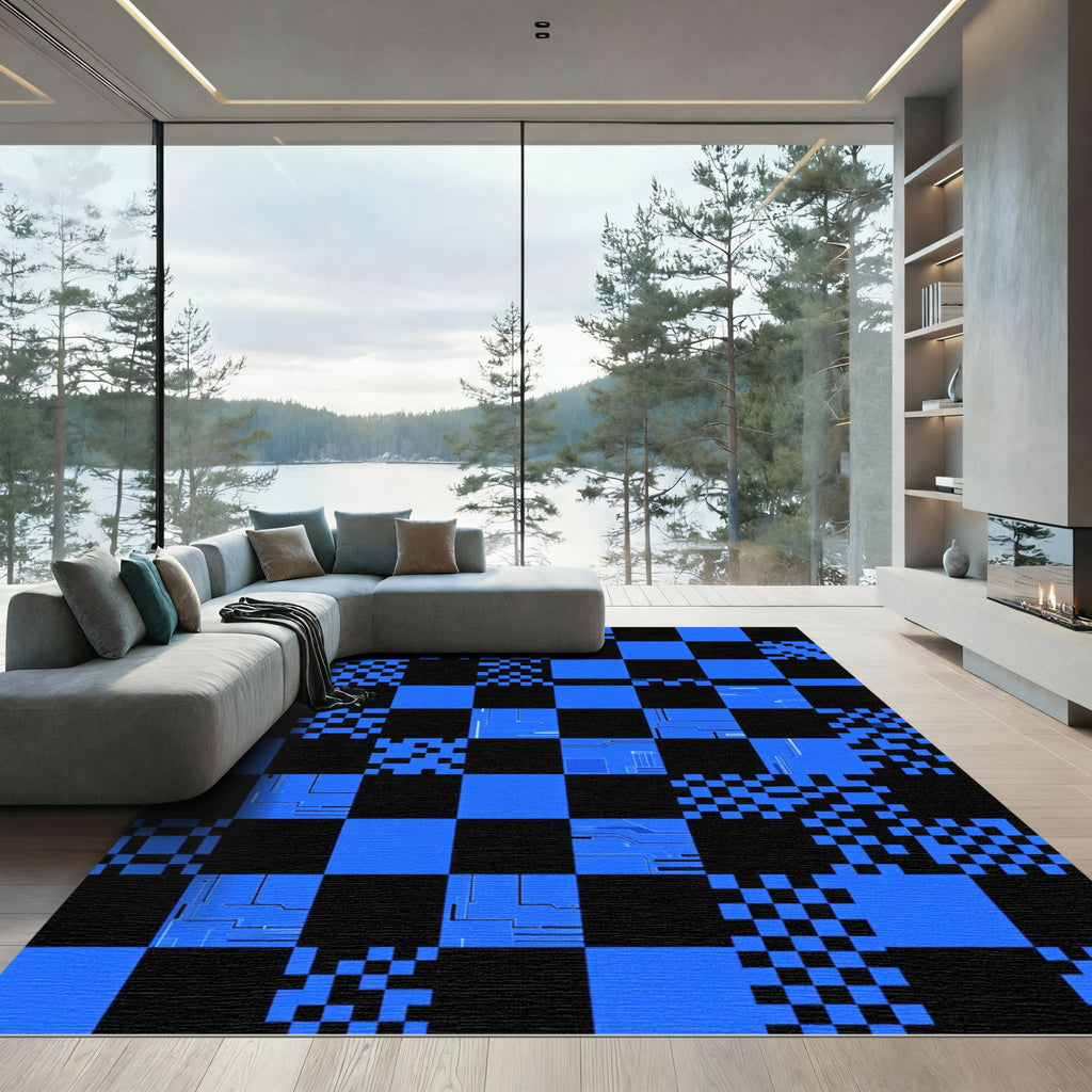 Electric Blue Geometric Digital Grid Rug
