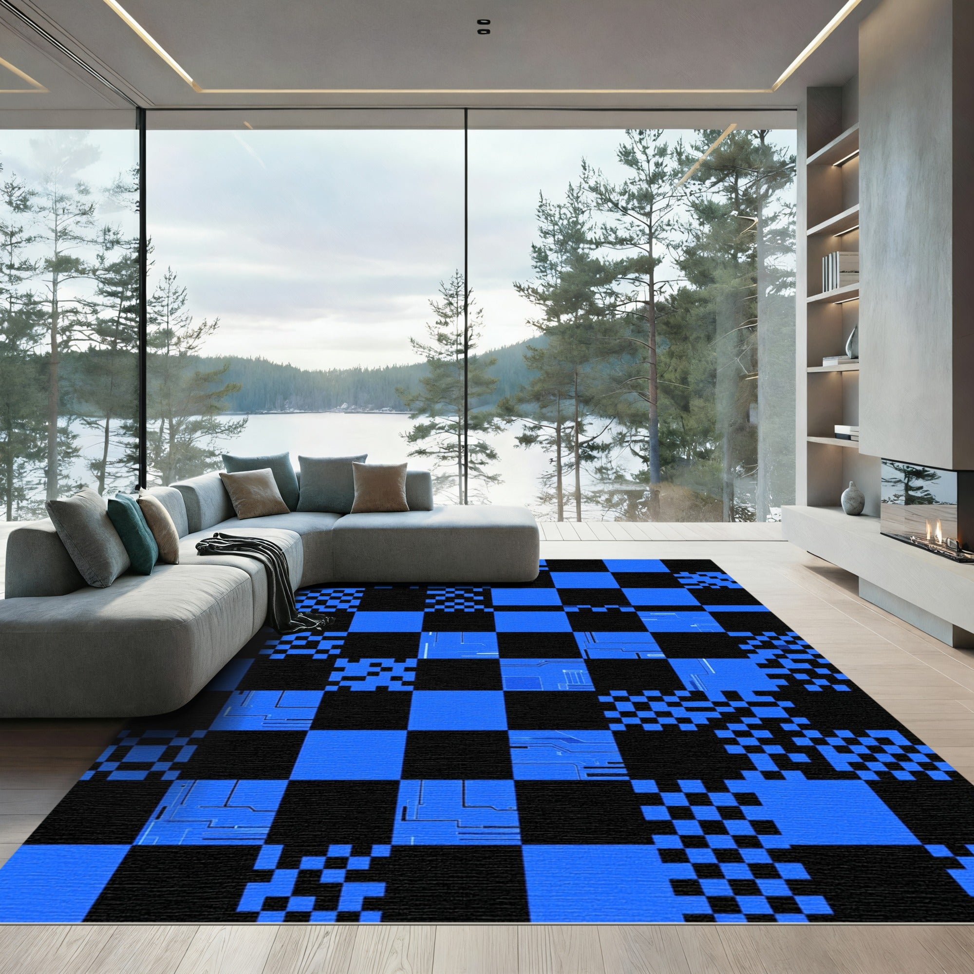 Electric Blue Geometric Digital Grid Rug