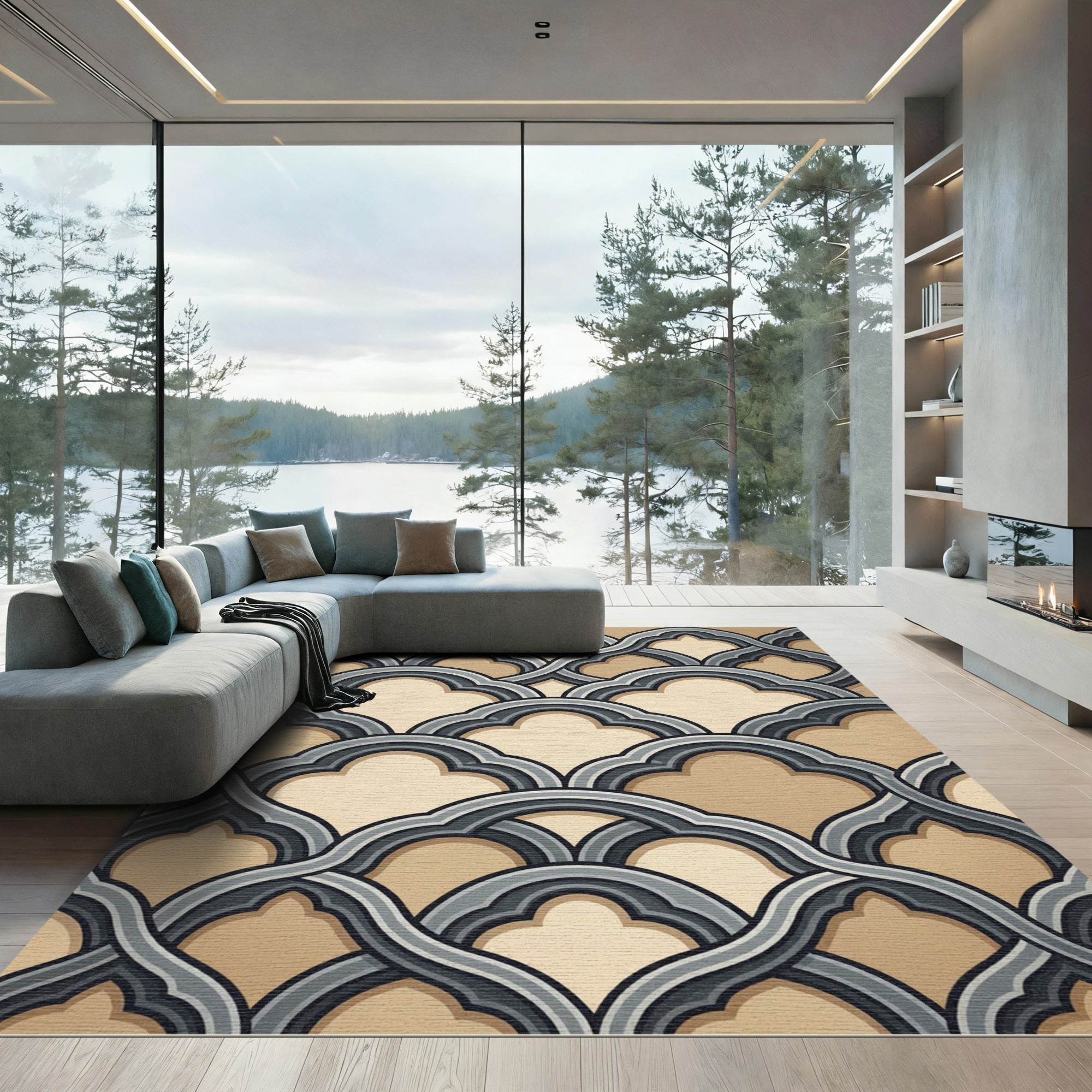 Elegant Greige Scalloped Interlocking Arch Rug